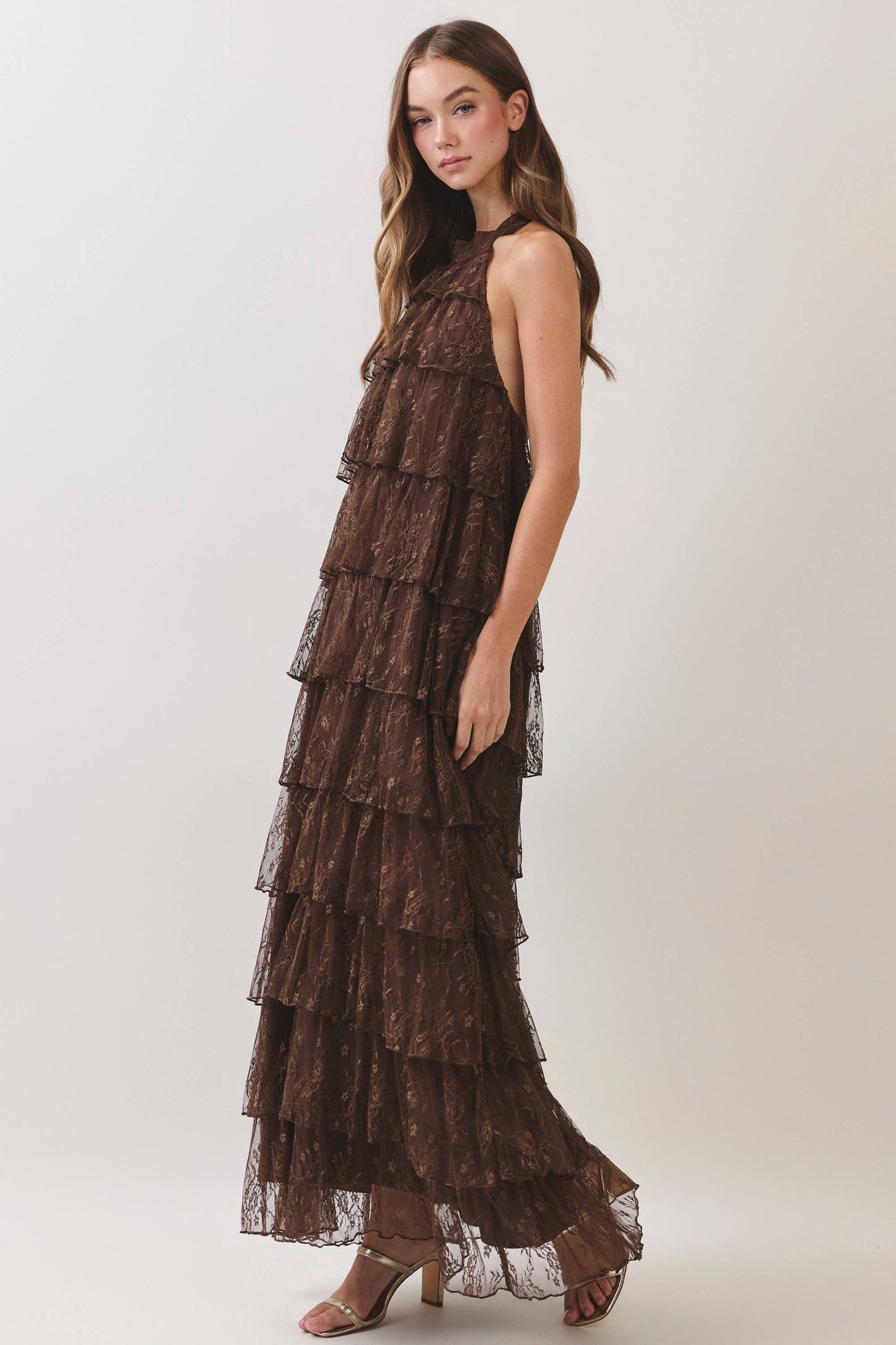 Lace Tiered Halter Maxi Dress