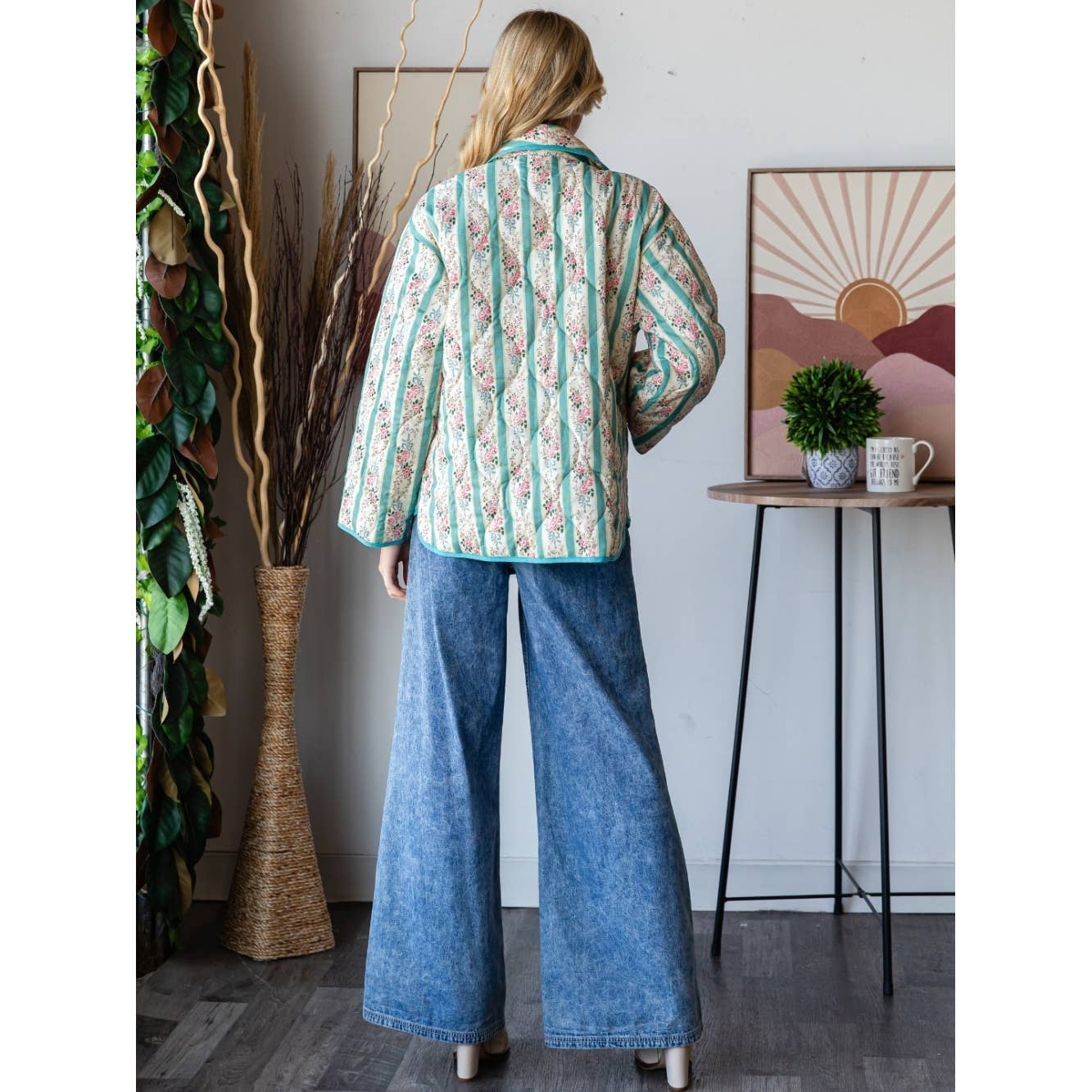 Quilted Stripe Flower Open Jacket