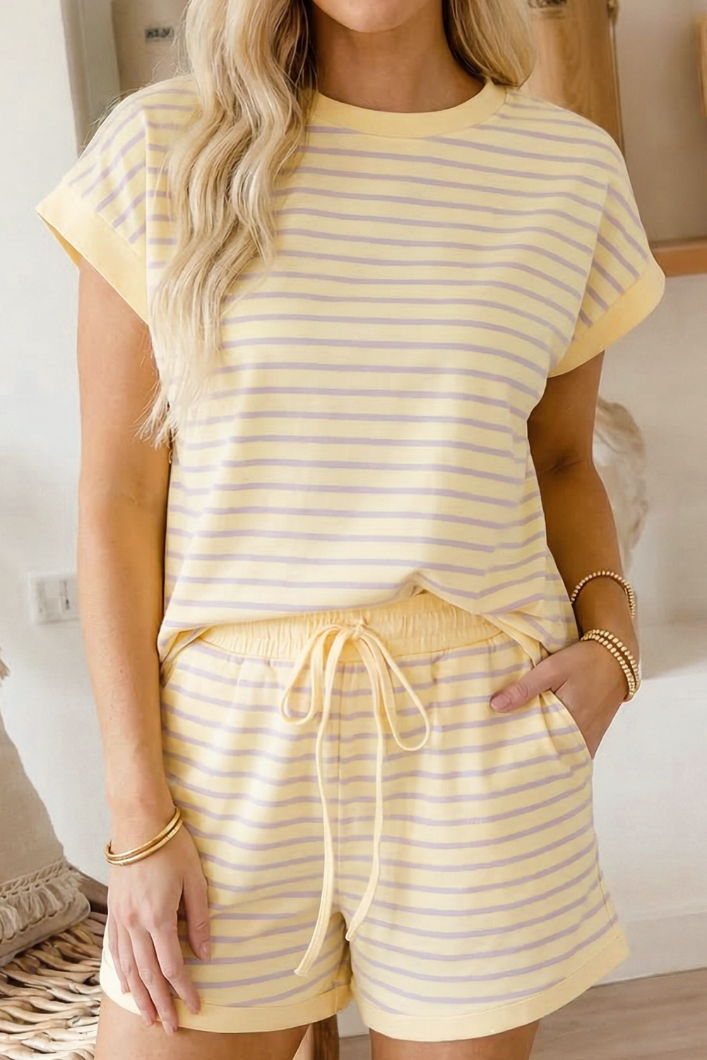 Striped Short Sleeve Top and Shorts Lounge Set
