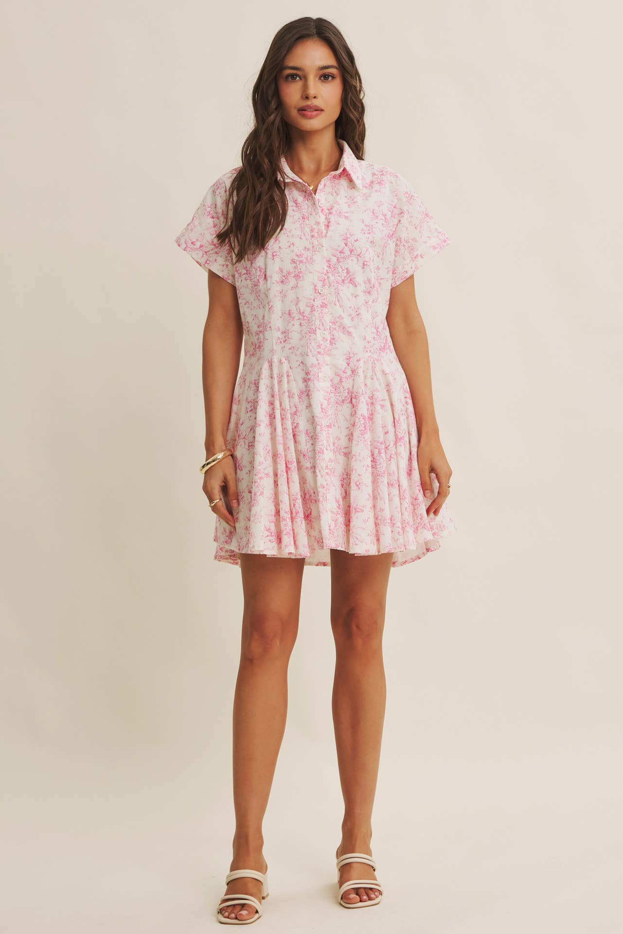 French Garden Toile Button-down Mini Dress With Dolman