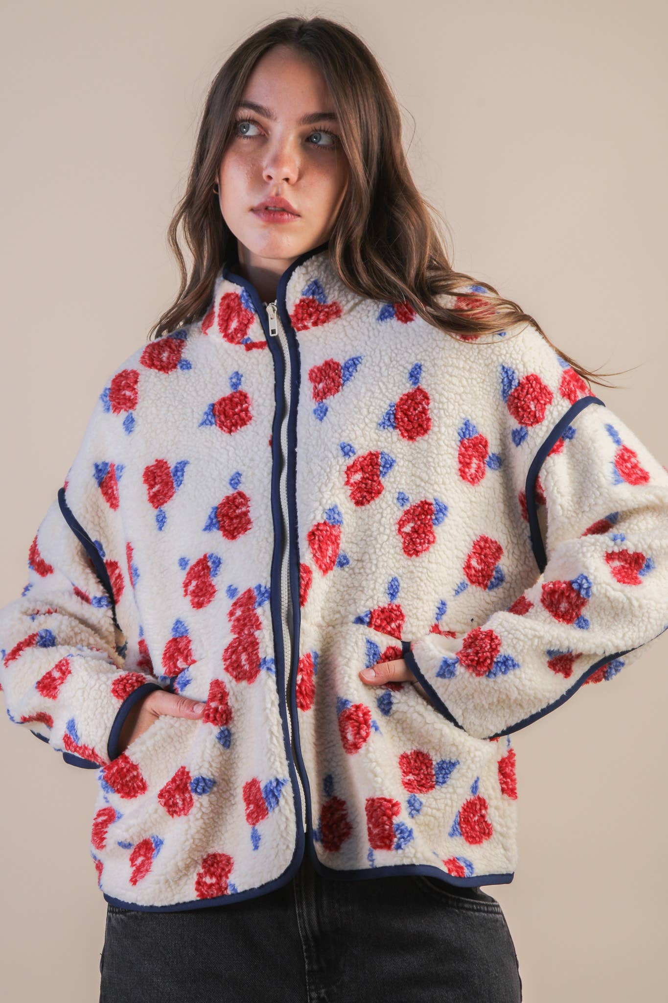 PLUS SIZE Floral Printed Casual Fleece Jacket