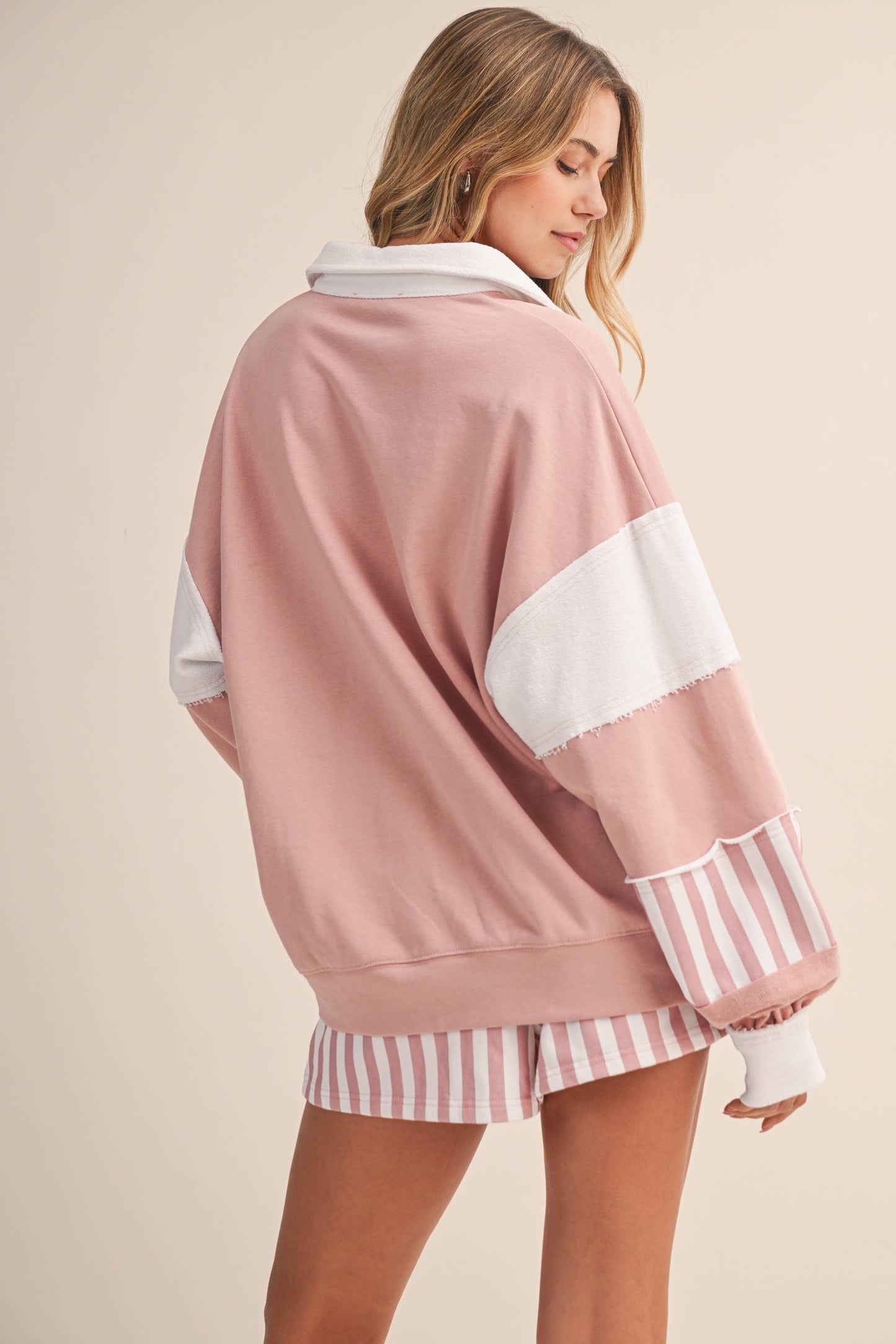 Striped Contrast Collared Sweatshirt and Shorts Set
