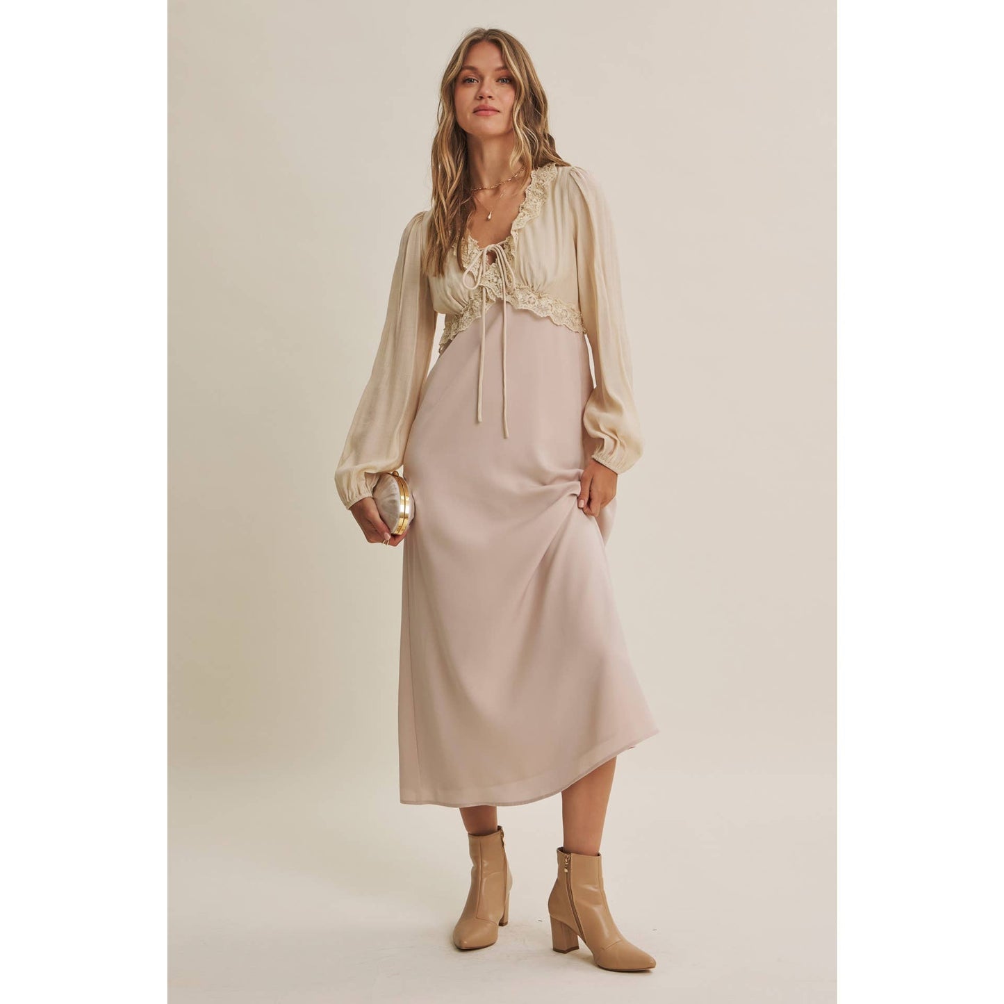 Champagne Rose Soft Drape Fabric Mixed Romantic Midi Dress