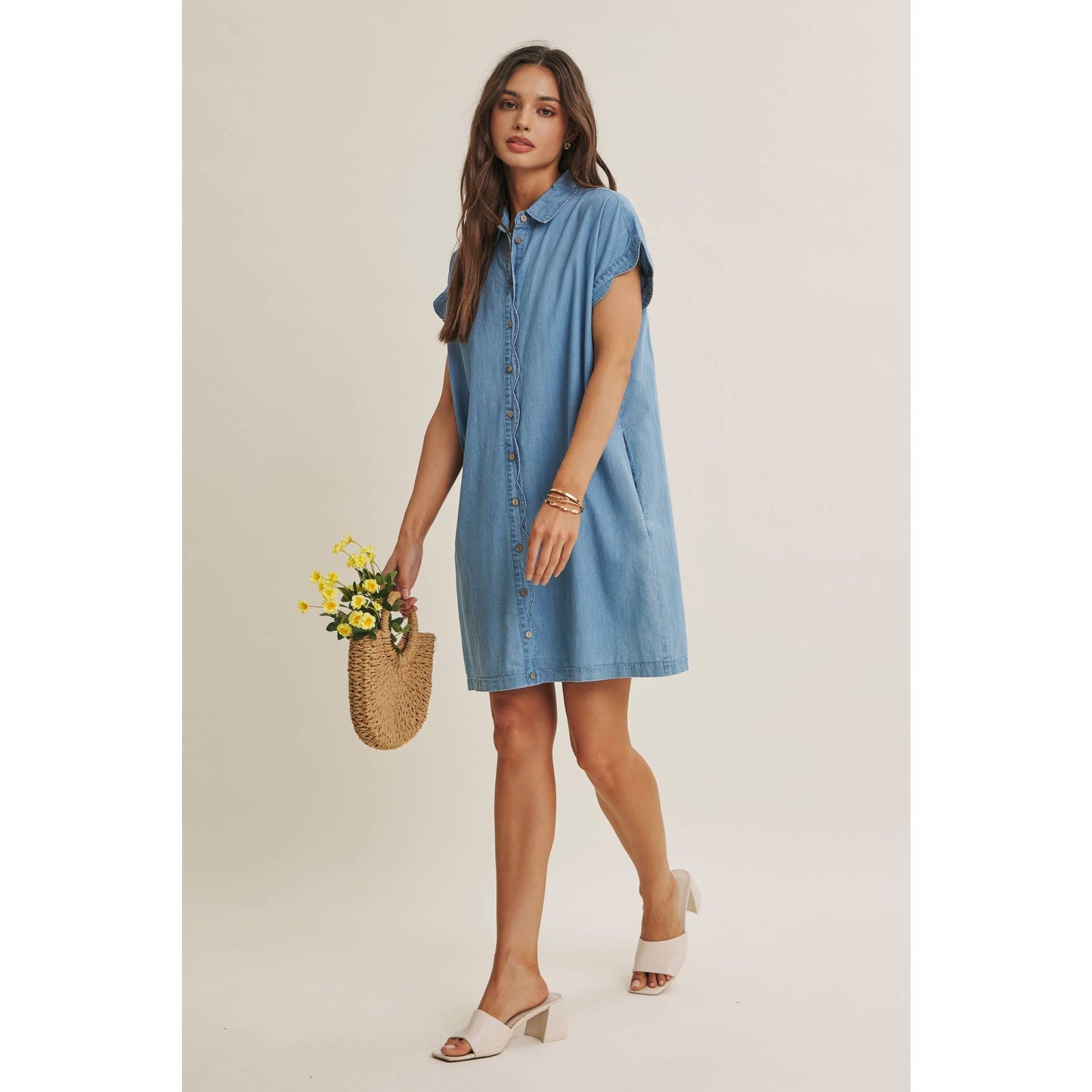 Coffee Run Washed Denim Mini Shirt Dress With Scallop Detail