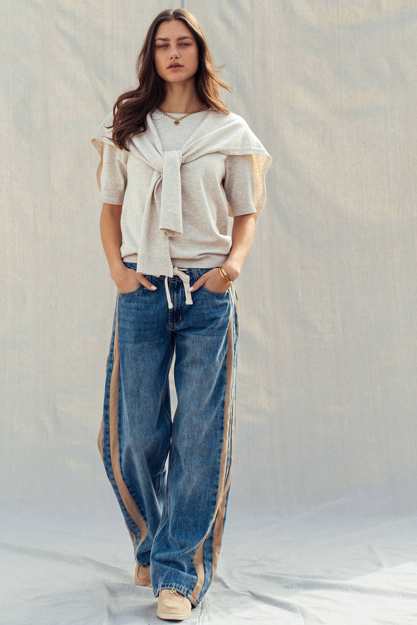 Faux Layered Tie-Front Knit Top