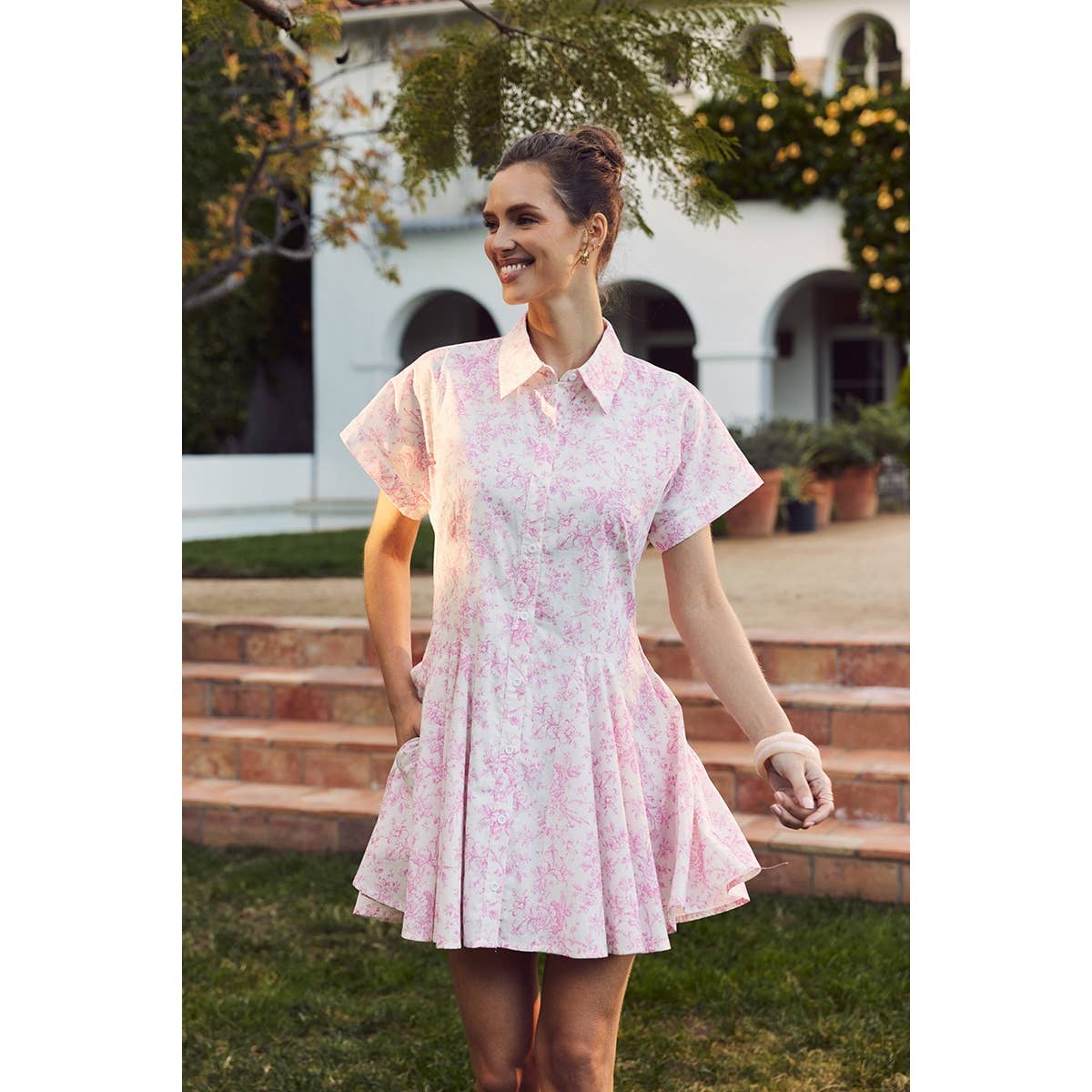 French Garden Toile Button-down Mini Dress With Dolman