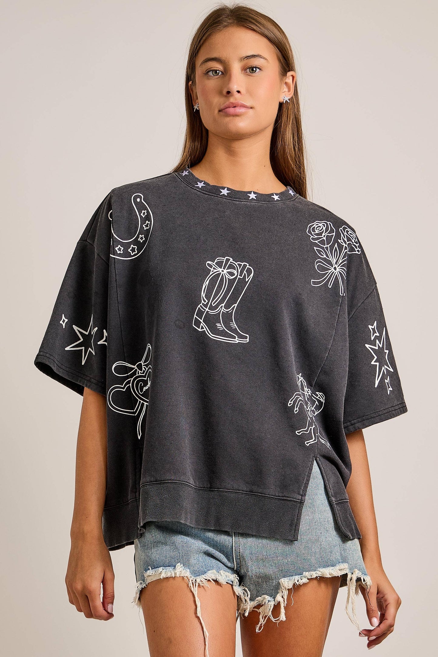 Mineral washed western printed oversized top