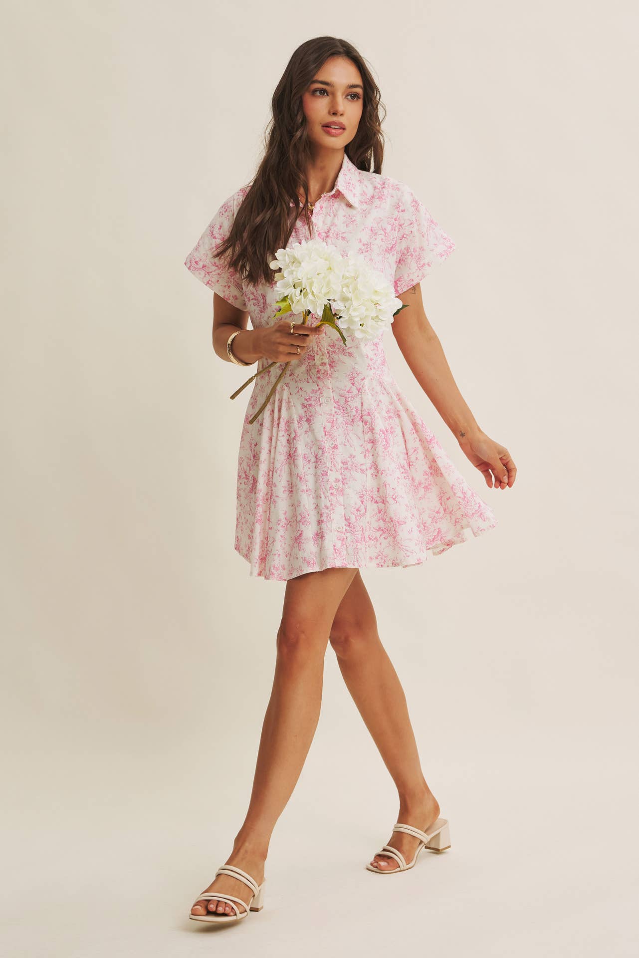 French Garden Toile Button-down Mini Dress With Dolman