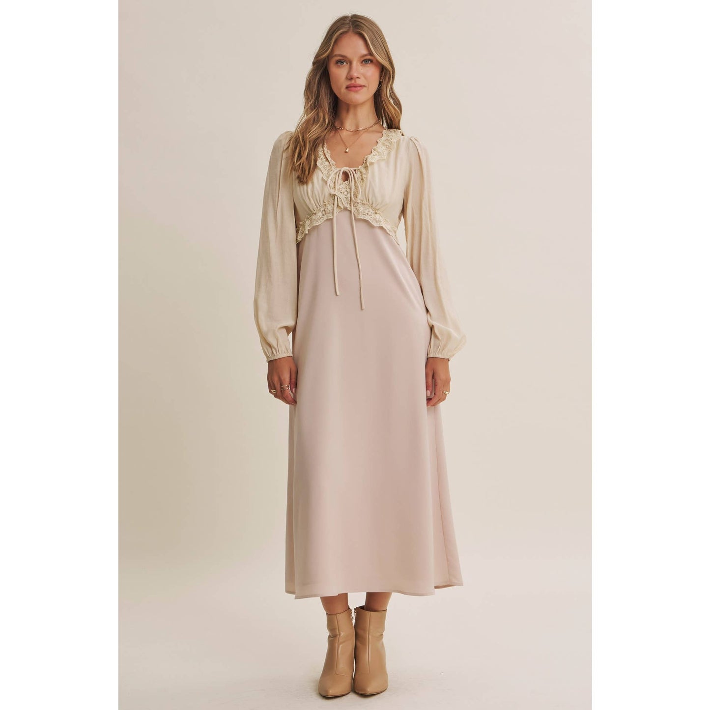 Champagne Rose Soft Drape Fabric Mixed Romantic Midi Dress