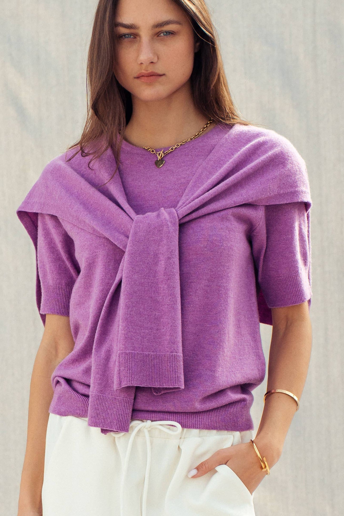 Faux Layered Tie-Front Knit Top