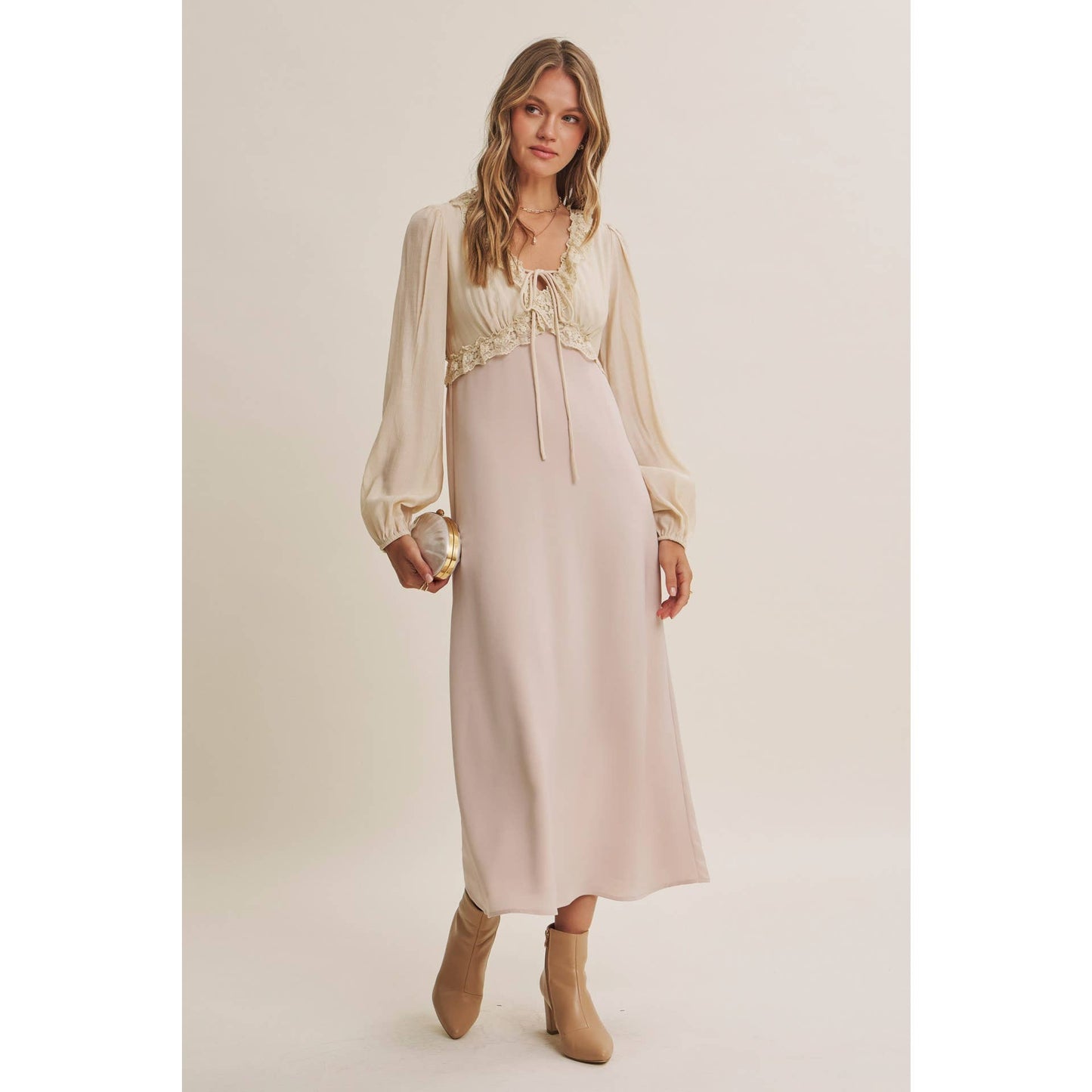 Champagne Rose Soft Drape Fabric Mixed Romantic Midi Dress