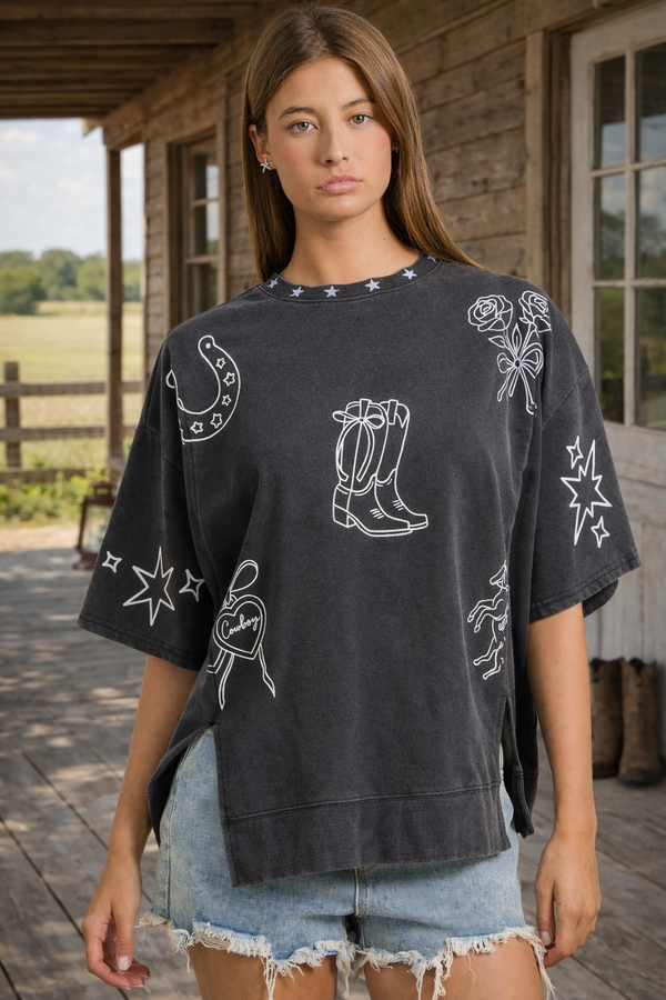 Mineral washed western printed oversized top